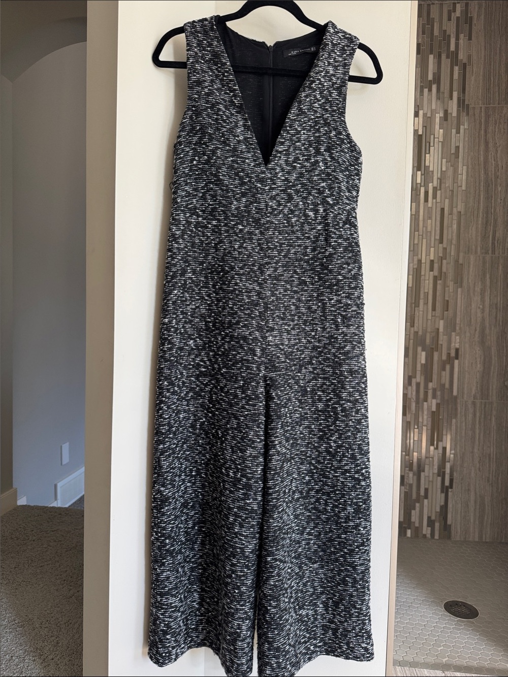 Zara Black & White Marled V-Neck Jumpsuit